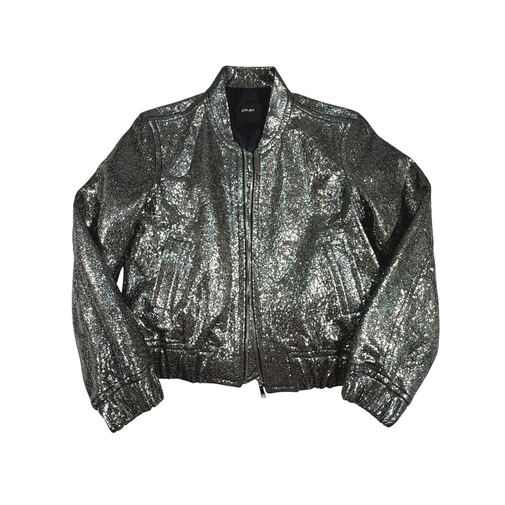 LTH JKT Womens Small Metallic Silver Leather Cropped Bomber Jacket NWT